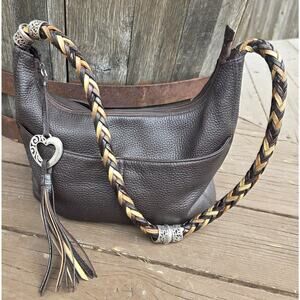 Brighton Barbados Leather hobo shoulder bag braided handle tassel heart charm